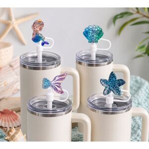 Mermaid Straw Covers Set Bling Straw Toppers Shell Starfish Fish TailAccessories